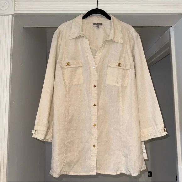 JM Collection 100% Linen Cream Gold Button Down Long Sleeve Blouse Sz 20W NWT - Picture 2 of 12